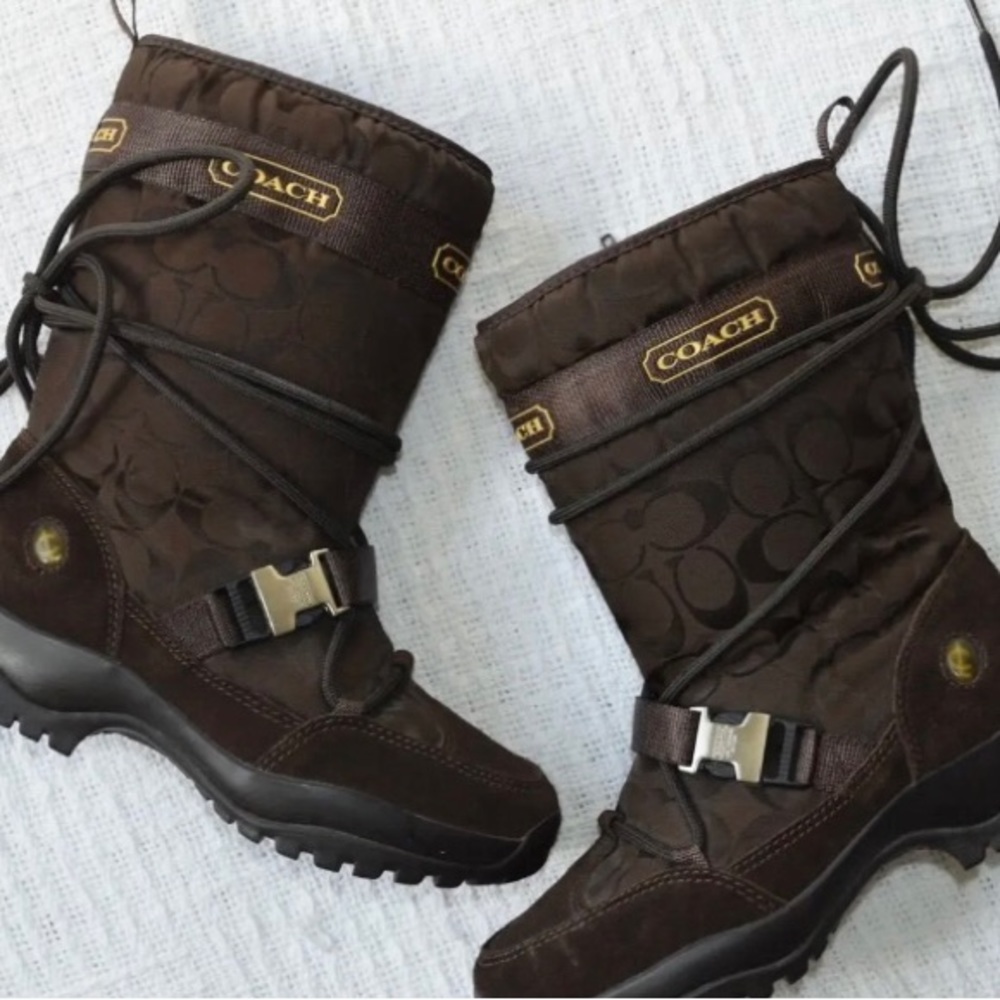Coach Winter Boots Brown Signature Logo Suede Canvas size 6.5 M Excelle…